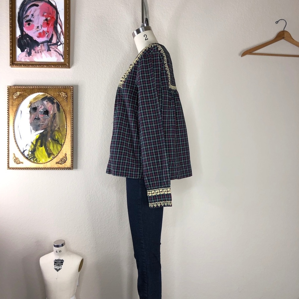 J Crew Embroidered Peasant Top Plaid Gold Filigree - Picture 6 of 8